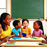 **A brightly colored illustration depicting a diverse group of young children engaged in storytelling. The scene should show a teacher with puppets, captivating the children's attention with expressive gestures and varied vocal tones. The setting should be a cozy classroom with visual aids like picture books and simple drawings.**