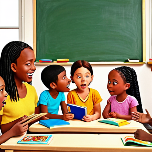 **A brightly colored illustration depicting a diverse group of young children engaged in storytelling. The scene should show a teacher with puppets, captivating the children's attention with expressive gestures and varied vocal tones. The setting should be a cozy classroom with visual aids like picture books and simple drawings.**