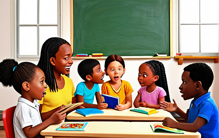 **A brightly colored illustration depicting a diverse group of young children engaged in storytelling. The scene should show a teacher with puppets, captivating the children's attention with expressive gestures and varied vocal tones. The setting should be a cozy classroom with visual aids like picture books and simple drawings.**