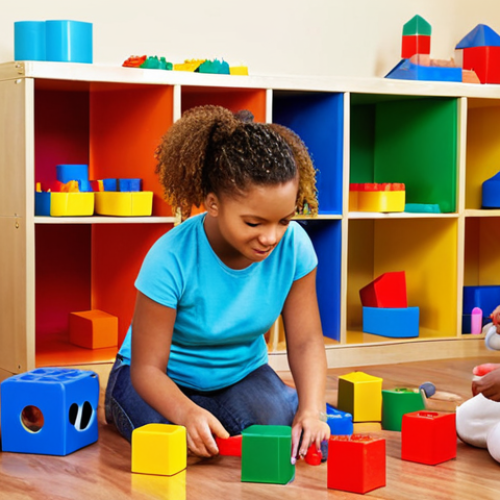 Home 14 **Image Prompt:** A brightly colored daycare playroom filled with children actively engaged in educational games. Some children are using building blocks, while others are playing a memory game. A caregiver is observing and assisting, creating a fun and stimulating learning environment. Focus on playful learning.
