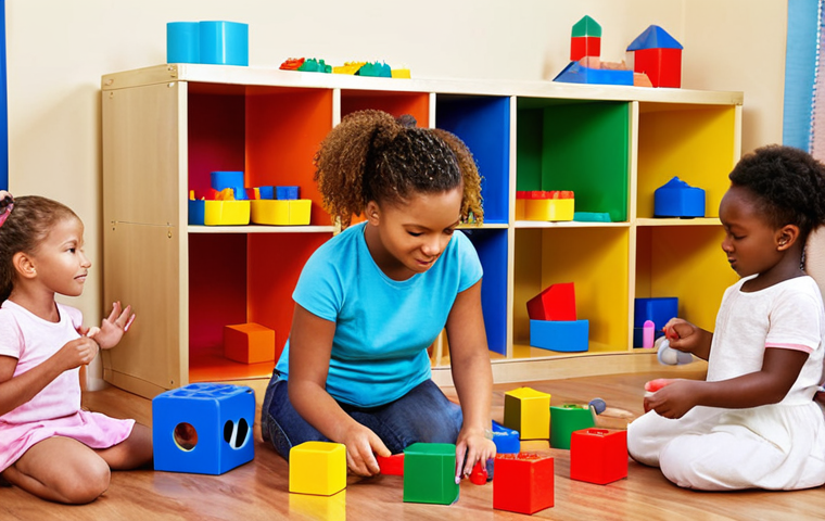 **Image Prompt:** A brightly colored daycare playroom filled with children actively engaged in educational games. Some children are using building blocks, while others are playing a memory game. A caregiver is observing and assisting, creating a fun and stimulating learning environment. Focus on playful learning.