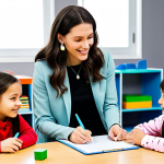 A warm, inviting scene in a modern daycare center, designed to support child development. A professional female pedagogue, fully clothed in modest, professional attire, gently observes a diverse group of children. The children are happily engaged in various play-based learning activities, such as building with colorful blocks and exploring sensory bins. The pedagogue is subtly taking notes on a clipboard, embodying active listening and deep observation. Bright, natural lighting illuminates the child-friendly environment. Safe for work, appropriate content, perfect anatomy, correct proportions, natural pose, well-formed hands, proper finger count, natural body proportions, professional photography, high quality, family-friendly.
