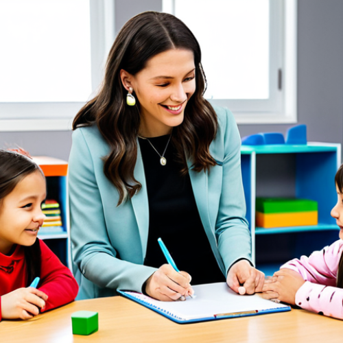 Home 7 A warm, inviting scene in a modern daycare center, designed to support child development. A professional female pedagogue, fully clothed in modest, professional attire, gently observes a diverse group of children. The children are happily engaged in various play-based learning activities, such as building with colorful blocks and exploring sensory bins. The pedagogue is subtly taking notes on a clipboard, embodying active listening and deep observation. Bright, natural lighting illuminates the child-friendly environment. Safe for work, appropriate content, perfect anatomy, correct proportions, natural pose, well-formed hands, proper finger count, natural body proportions, professional photography, high quality, family-friendly.