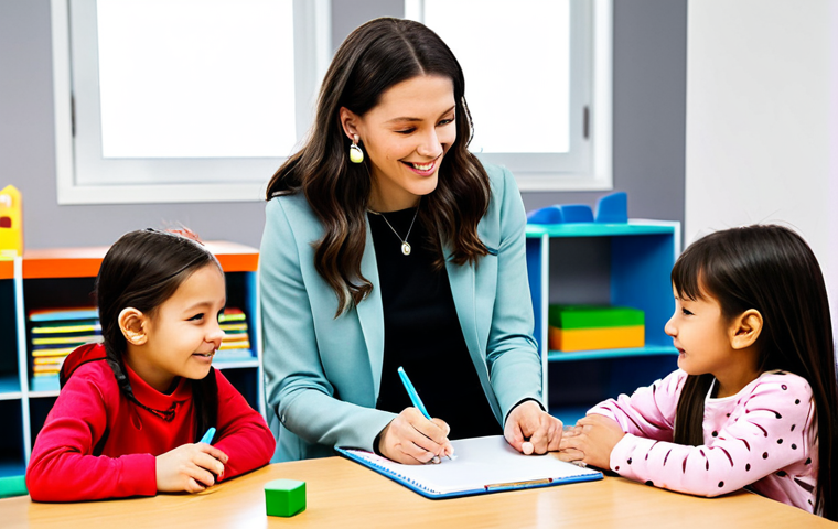 A warm, inviting scene in a modern daycare center, designed to support child development. A professional female pedagogue, fully clothed in modest, professional attire, gently observes a diverse group of children. The children are happily engaged in various play-based learning activities, such as building with colorful blocks and exploring sensory bins. The pedagogue is subtly taking notes on a clipboard, embodying active listening and deep observation. Bright, natural lighting illuminates the child-friendly environment. Safe for work, appropriate content, perfect anatomy, correct proportions, natural pose, well-formed hands, proper finger count, natural body proportions, professional photography, high quality, family-friendly.