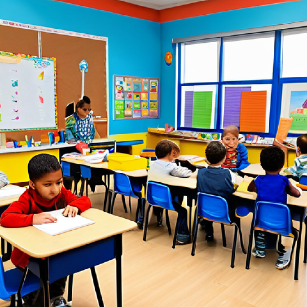 **
A bright and colorful kindergarten classroom scene filled with children (4-5 years old) fully clothed in appropriate attire, engaged in various creative activities. Some are painting at easels, others are building with blocks, and some are telling stories with puppets. The classroom has different areas for reading, creating art, and building. "safe for work", "appropriate content", "fully clothed", "professional", "perfect anatomy", "correct proportions", "natural pose", "well-formed hands", "proper finger count", "natural body proportions".
**