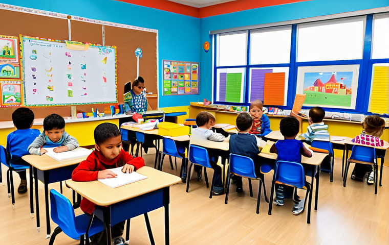 **
A bright and colorful kindergarten classroom scene filled with children (4-5 years old) fully clothed in appropriate attire, engaged in various creative activities. Some are painting at easels, others are building with blocks, and some are telling stories with puppets. The classroom has different areas for reading, creating art, and building. "safe for work", "appropriate content", "fully clothed", "professional", "perfect anatomy", "correct proportions", "natural pose", "well-formed hands", "proper finger count", "natural body proportions".
**