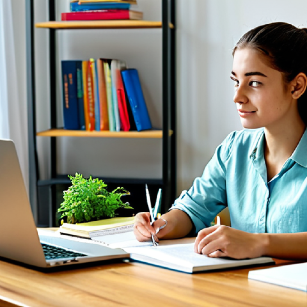 유아교육지도사 강의 준비를 위한 효율적인 방법 - Studying at Home**
"A young woman, fully clothed in modest, comfortable attire, sitting at a desk a...