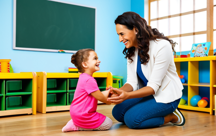 유아교육지도사 업무 중 커뮤니케이션 스킬 - Parent-Educator Communication**

"A warm, brightly lit scene in a modern daycare. A fully clothed fe...