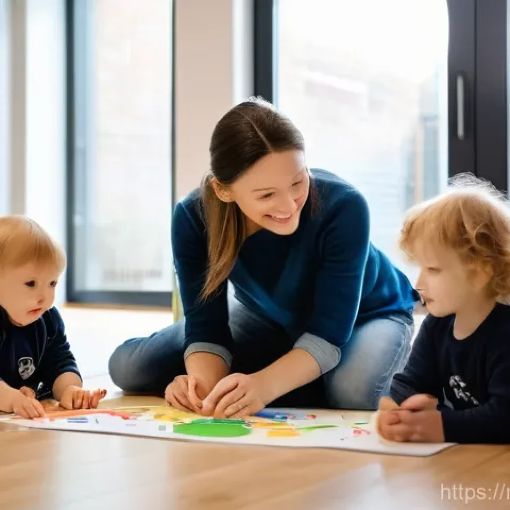 유아교육지도사 이직 사례 연구 - **Prompt:** A warm, well-lit indoor scene in a modern Dutch daycare center. A female pedagogical wor...