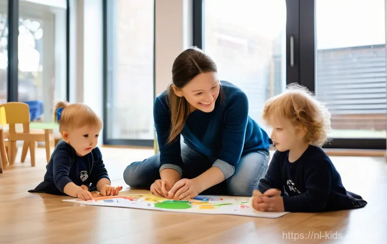 유아교육지도사 이직 사례 연구 - **Prompt:** A warm, well-lit indoor scene in a modern Dutch daycare center. A female pedagogical wor...