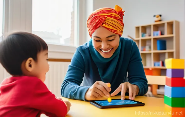 유아교육지도사 업무 중 소통 능력 개발 - **Prompt:** A warm, inviting scene inside a modern Dutch childcare center. A friendly female childca...