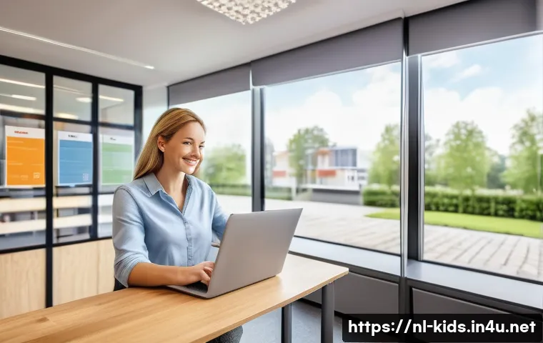 유아교육지도사 연봉 협상 성공 비법 - A professional Dutch early childhood educator in a modern childcare center office, dressed neatly in...