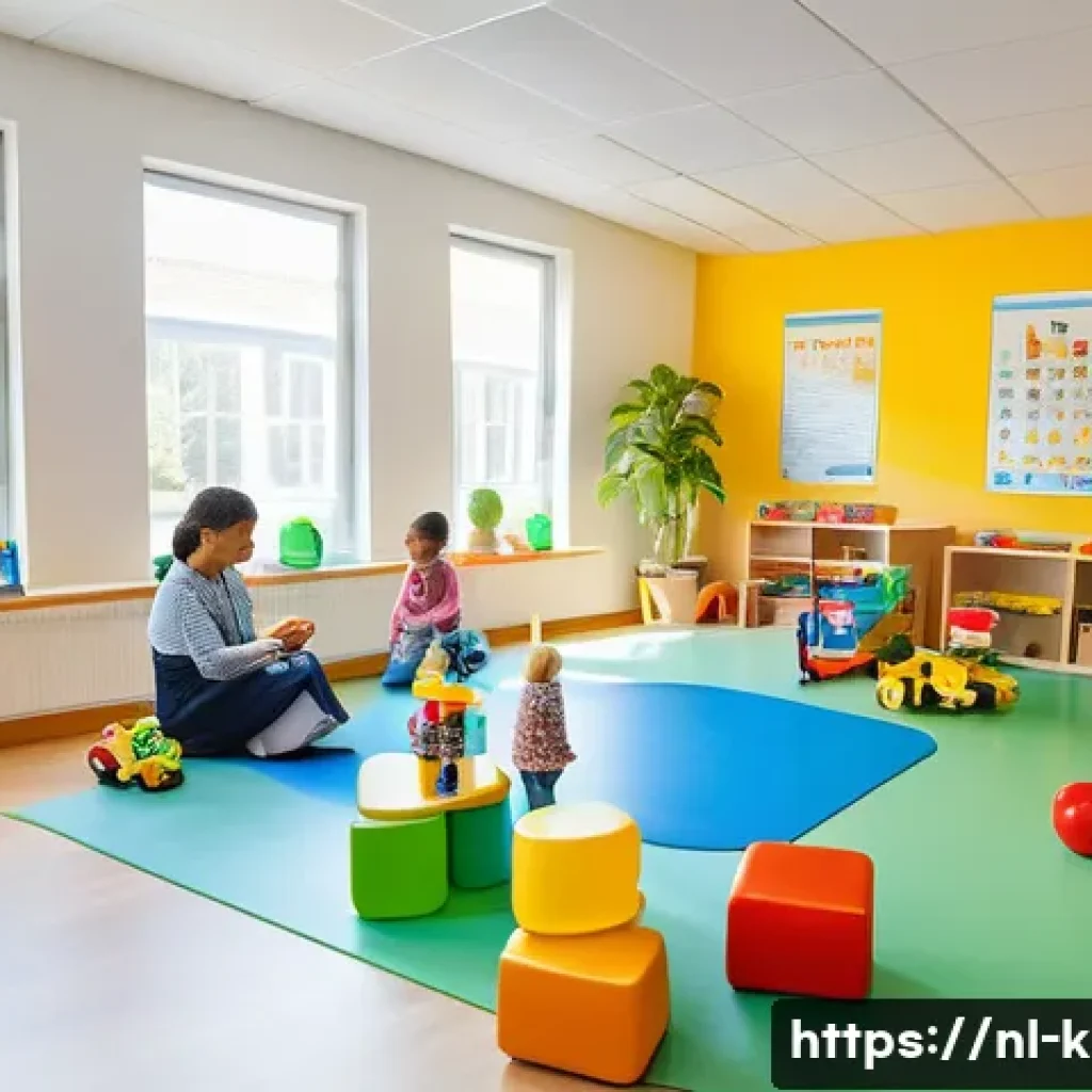 유아교육지도사와 관련된 법률 및 규정 - A bright and cheerful Dutch daycare classroom scene showing diverse children aged around 3 to 5 play...