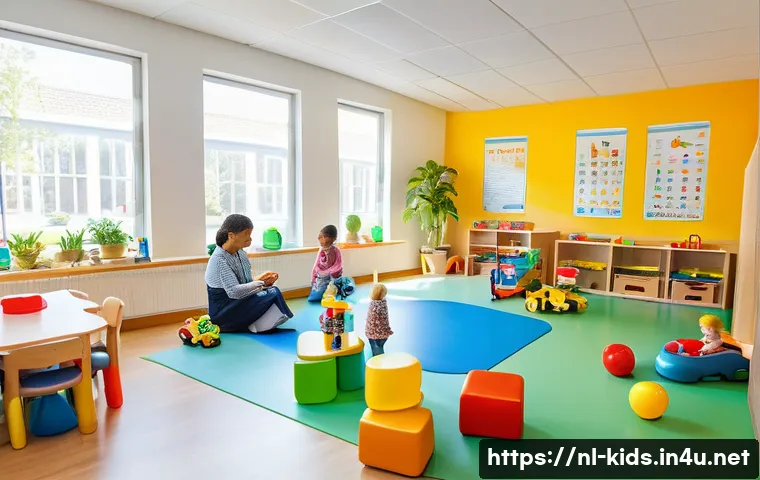 유아교육지도사와 관련된 법률 및 규정 - A bright and cheerful Dutch daycare classroom scene showing diverse children aged around 3 to 5 play...