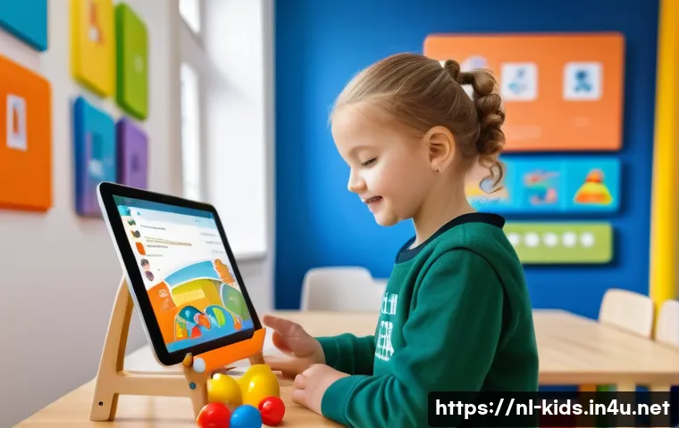 유아교육지도사 경력관리 앱 추천 - A professional childcare worker using a sleek tablet app in a modern daycare setting in the Netherla...