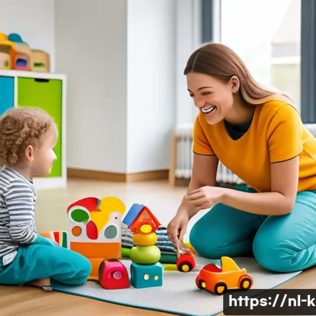 유아교육지도사 경력개발을 위한 소셜미디어 활용법 - A professional childcare worker in a modern Dutch daycare center, engaging warmly with a diverse gro...