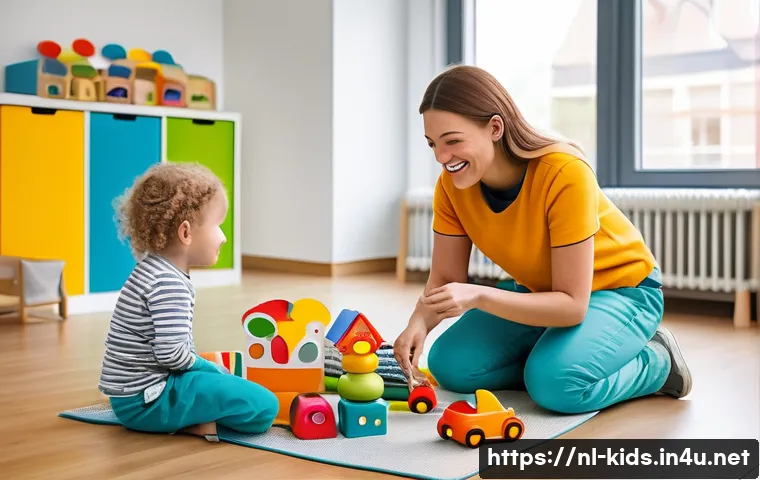유아교육지도사 경력개발을 위한 소셜미디어 활용법 - A professional childcare worker in a modern Dutch daycare center, engaging warmly with a diverse gro...