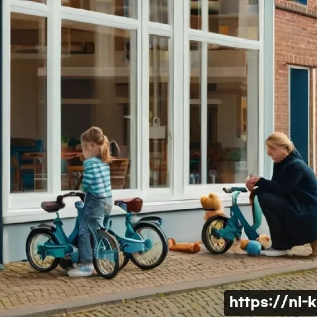 유아교육지도사로서 이직 후 첫 직무 적응법 - ) A calm Dutch daycare morning drop-off scene: a warm, photorealistic candid moment showing a caregi...