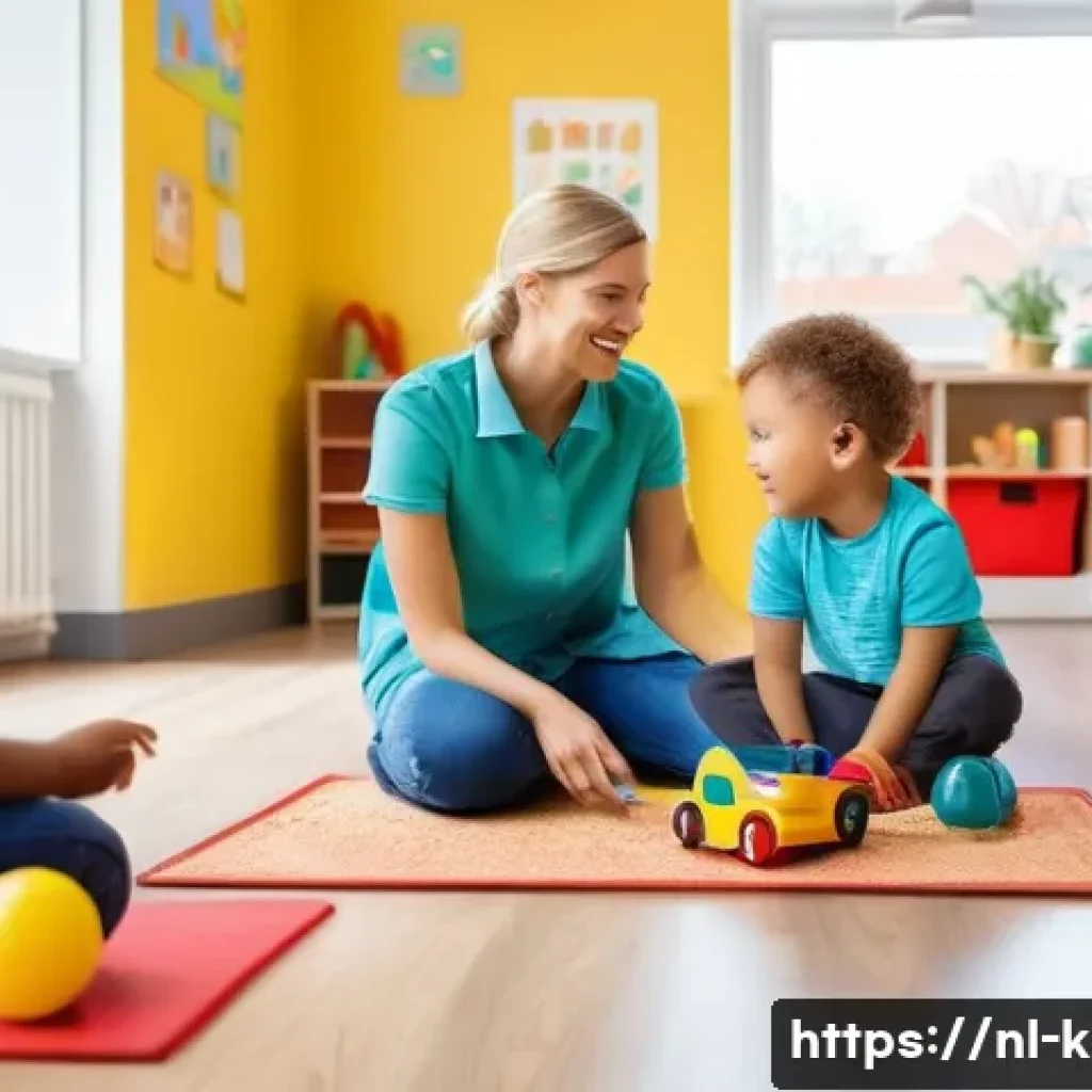 유아교육지도사로서의 직업 만족도 - A bright and cheerful Dutch daycare classroom scene showing diverse children aged 2-4 engaged in var...