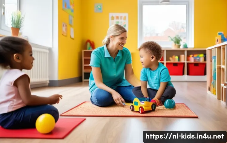 유아교육지도사로서의 직업 만족도 - A bright and cheerful Dutch daycare classroom scene showing diverse children aged 2-4 engaged in var...