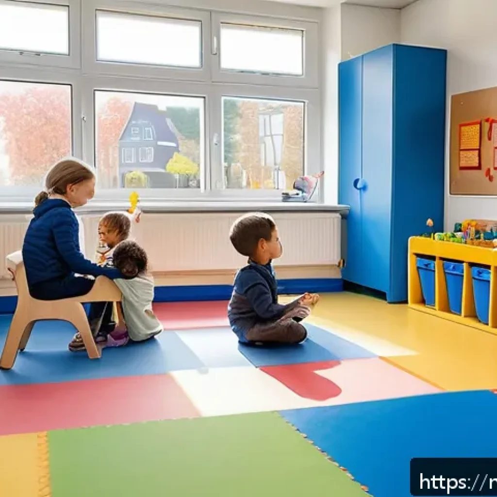 유아교육지도사 필기시험에 유용한 참고 자료 - A bright and organized Dutch childcare classroom setting, showing a diverse group of children playin...