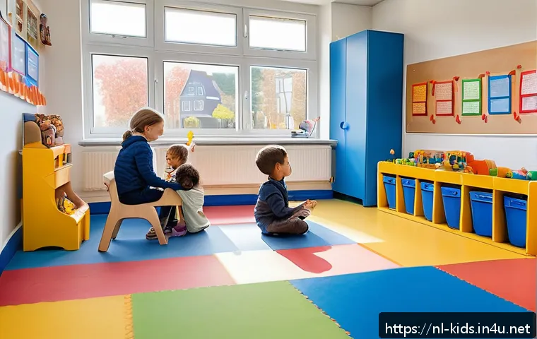 유아교육지도사 필기시험에 유용한 참고 자료 - A bright and organized Dutch childcare classroom setting, showing a diverse group of children playin...