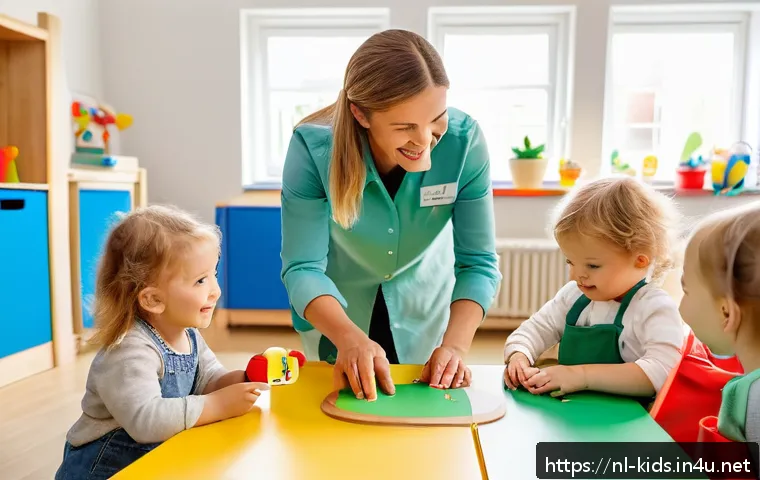 유아교육지도사 취업 성공 전략 - A warm and inviting daycare center scene in the Netherlands, showing a diverse group of children age...