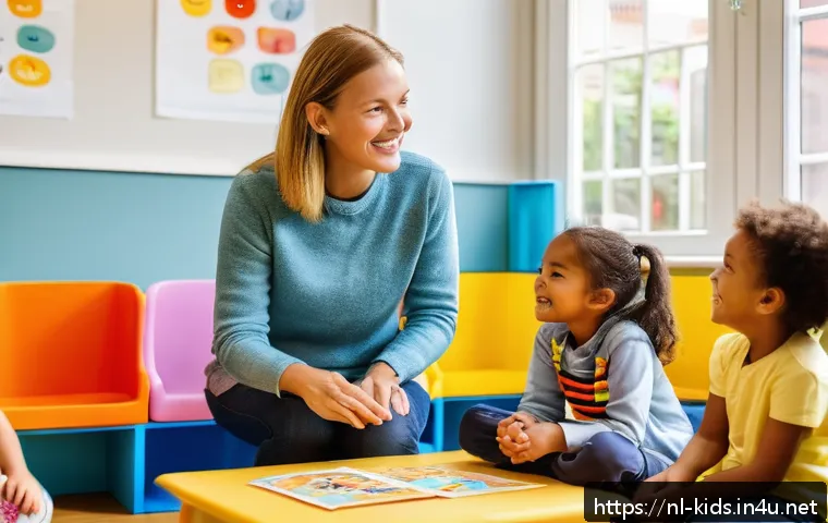 유아교육지도사 실무 노하우 - A warm and bright daycare classroom scene in the Netherlands, featuring a diverse group of young chi...