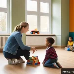 유아교육지도사 필기시험 합격 후 실기시험 준비법 - A realistic classroom scene in a Dutch early childhood education center, showing a young female peda...