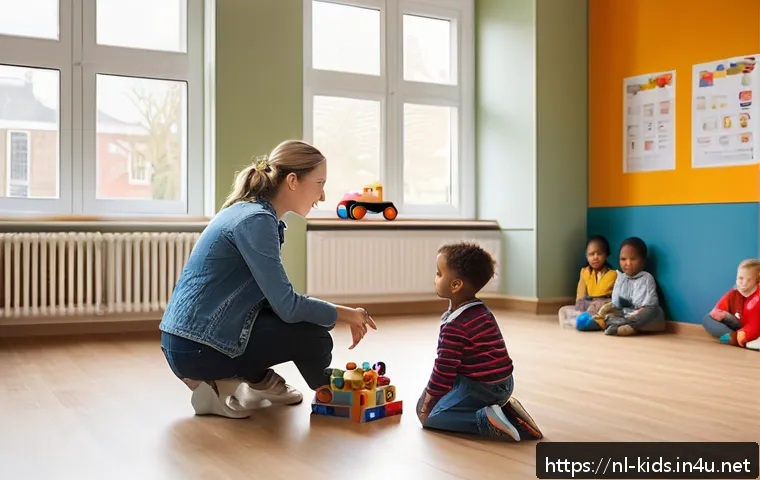 유아교육지도사 필기시험 합격 후 실기시험 준비법 - A realistic classroom scene in a Dutch early childhood education center, showing a young female peda...