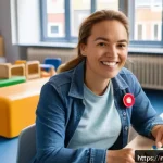 유아교육지도사 자격증 시험과 직무 연결점 - A professional childcare worker in a modern Dutch daycare center, dressed in neat casual attire with...