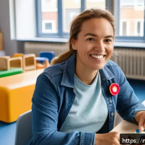 유아교육지도사 자격증 시험과 직무 연결점 - A professional childcare worker in a modern Dutch daycare center, dressed in neat casual attire with...