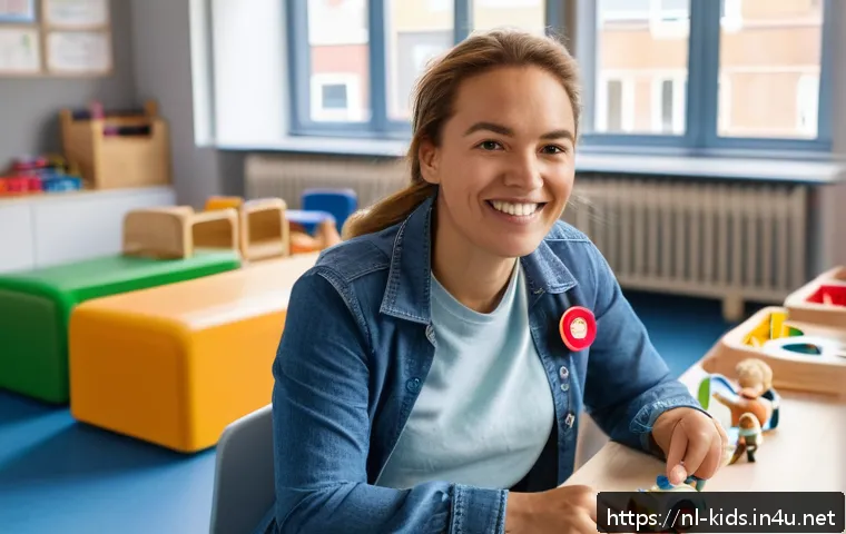 유아교육지도사 자격증 시험과 직무 연결점 - A professional childcare worker in a modern Dutch daycare center, dressed in neat casual attire with...
