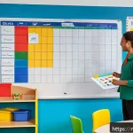 유아교육지도사 주간 업무 플래너 작성법 - A bright and cheerful daycare classroom scene showing a well-organized weekly planner on a wall whit...