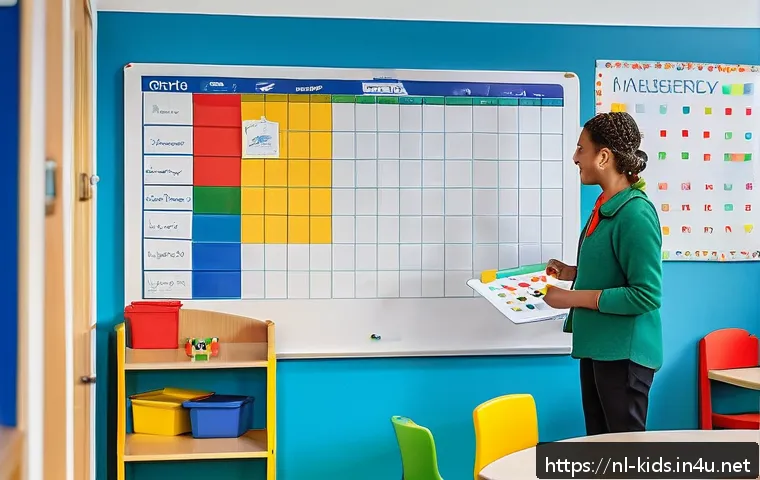 유아교육지도사 주간 업무 플래너 작성법 - A bright and cheerful daycare classroom scene showing a well-organized weekly planner on a wall whit...