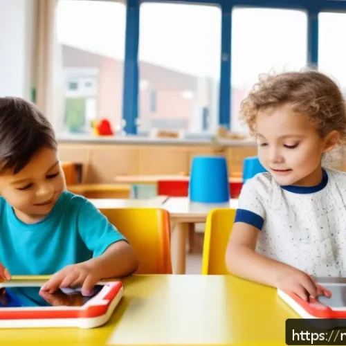 유아교육지도사 강의 중 활용할 수 있는 다양한 자료 - A bright and cheerful kindergarten classroom scene in the Netherlands, showing young children wearin...