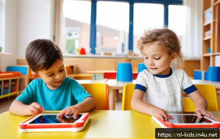 유아교육지도사 강의 중 활용할 수 있는 다양한 자료 - A bright and cheerful kindergarten classroom scene in the Netherlands, showing young children wearin...