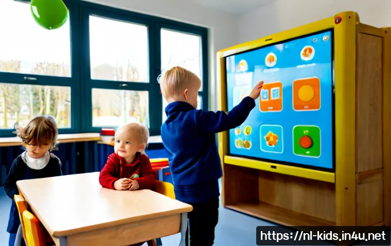유아교육지도사와 관련된 최신 교육 기술 - Photorealistic early childhood education specialist in a bright Dutch preschool classroom, guiding a...
