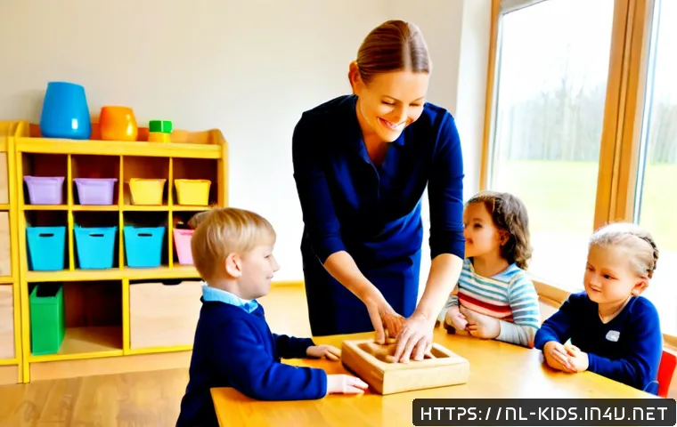 Home 30 유아교육지도사로서의 직업 정체성 확립 방법 - Photorealistic early childhood educator in a bright Dutch preschool classroom, warmly guiding a smal...